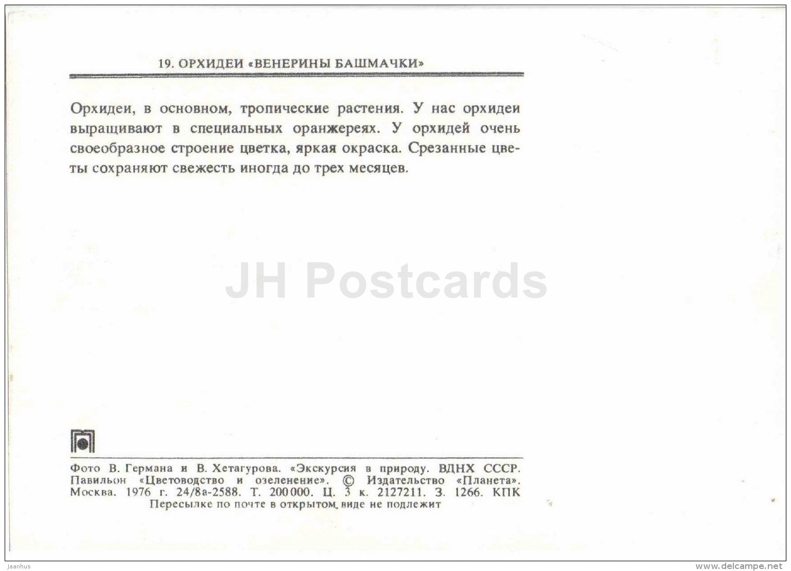 Lady's shoes - orchidea - flowers - floriculture and gardening pavilion - 1976 - Russia USSR - unused - JH Postcards