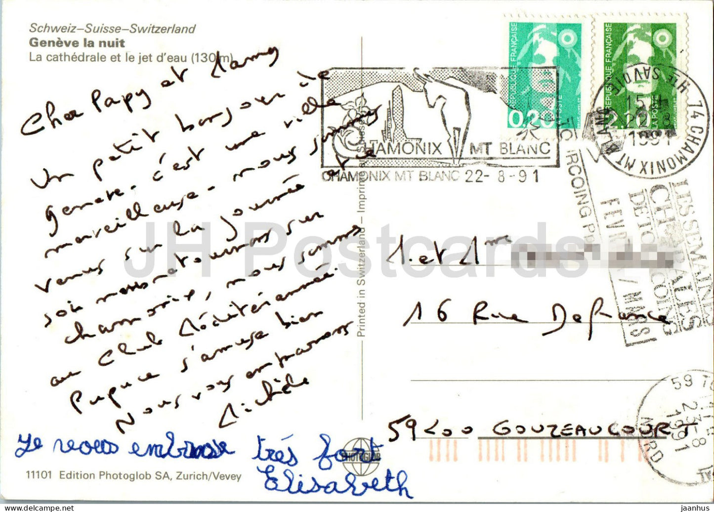 Geneve - Geneva - Geneve la Nuit - La cathedrale et le jet d'eau - 11101 - 1991 - Switzerland - used