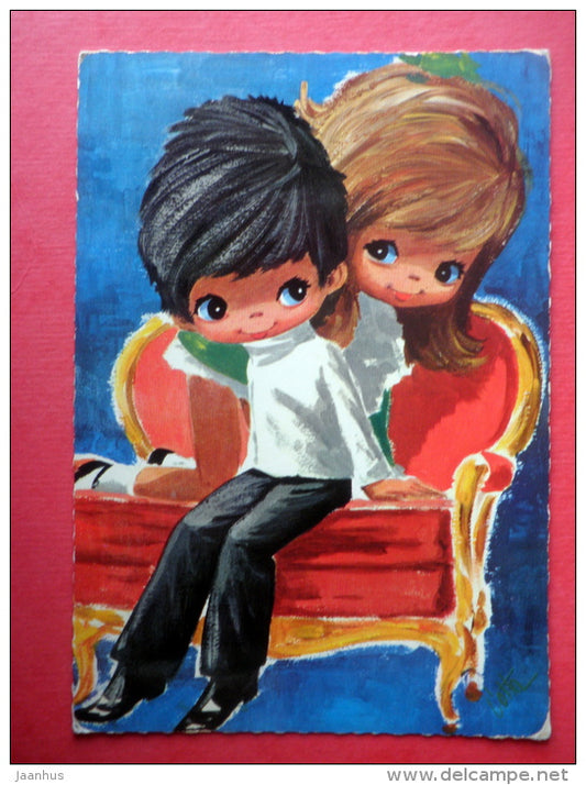 illustration - boy and girl - 2/3134 - Italy - sent from Finland Rauma to Estonia USSR 1973 - JH Postcards