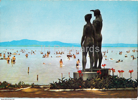 Greetings from the lake Balaton - sculpture - beach - 1975 - Hungary - used - JH Postcards