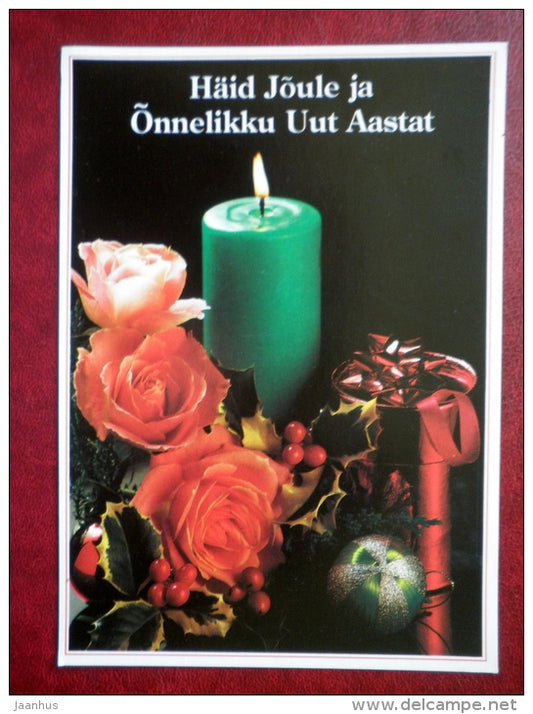 New Year and Christmas Greeting card - candle - roses - decorations - Estonia USSR - used - JH Postcards