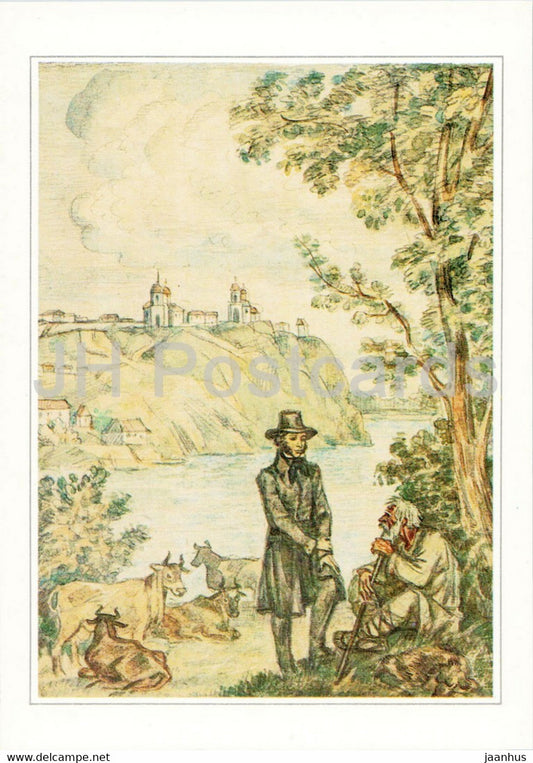 Russian writer Alexander Pushkin - 1833 in Orenburg - illustration - 1984 - Russia USSR - unused - JH Postcards