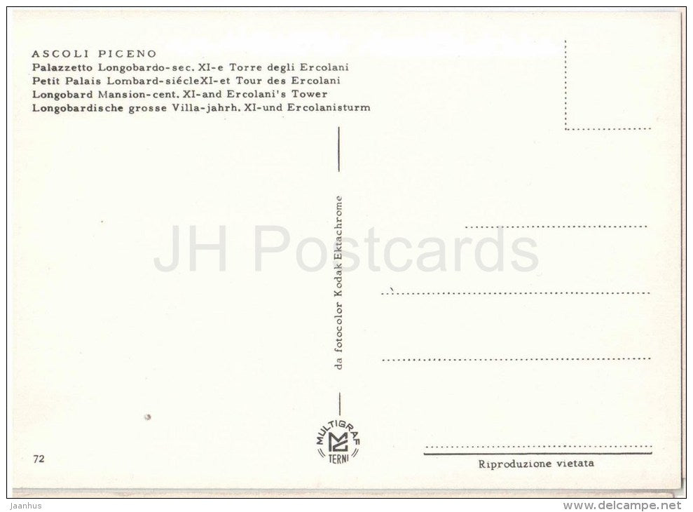 Palazetto Longobardo e Torre degli Ercolani - palace - tower - Ascoli Piceno - Marche - 72 - Italia - Italy - unused - JH Postcards