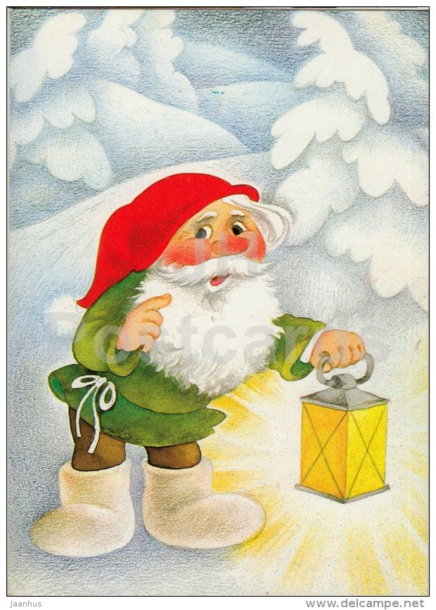 New Year Greeting card by Ü. Meister - 2 - dwarf - 1990 - Estonia USSR - used - JH Postcards