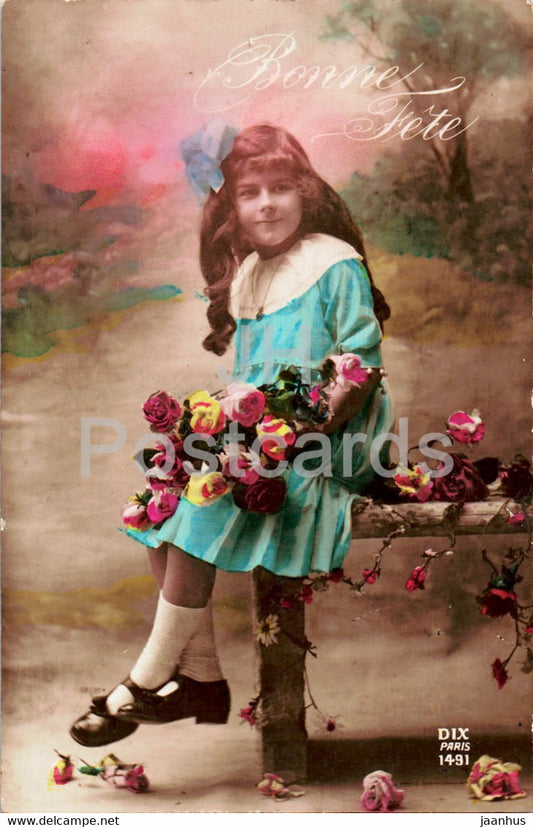 Greeting Card - Bonne Fete - DIX Paris 1491 - girl - old postcard - 1924 - France - used - JH Postcards