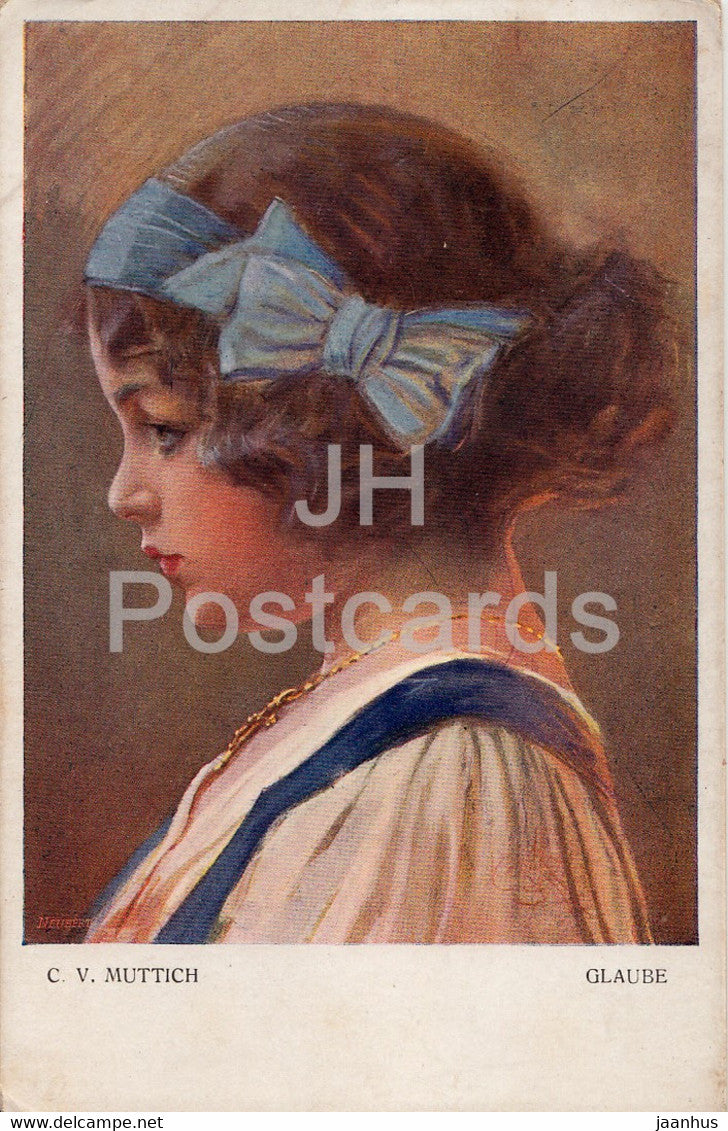 painting by C. Muttich - Glaube - girl - old postcard - Czech art - Czech Republic - unused - JH Postcards