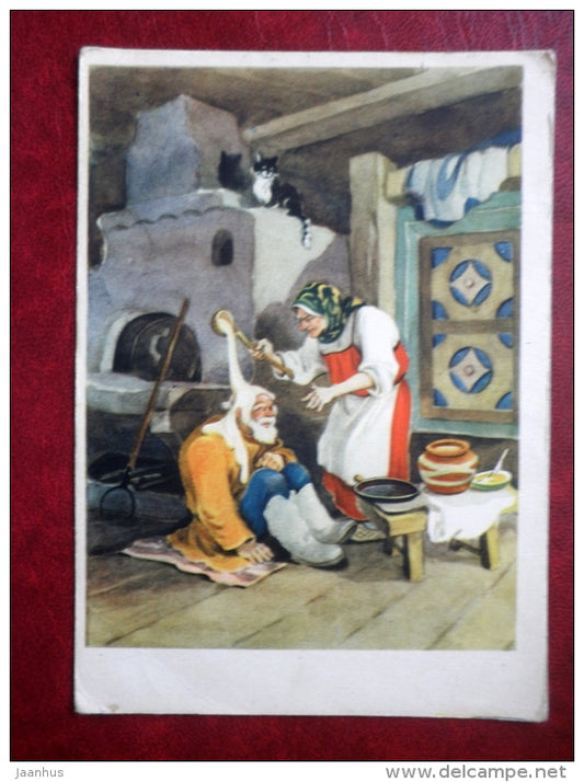 illustration by I. Kuznetsov - Russian folk tale , Three-in-law - Russian stove - cat - Russia USSR - used - JH Postcards