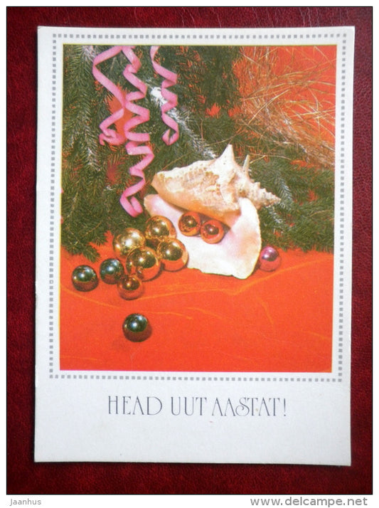 New Year Greeting card - decorations - sea shell - 1977 - Estonia USSR - used - JH Postcards
