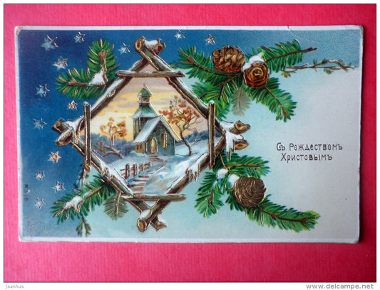 christmas greeting card - cones - church - circulated in Imperial Russia Estonia Wesenberg 1910 - JH Postcards