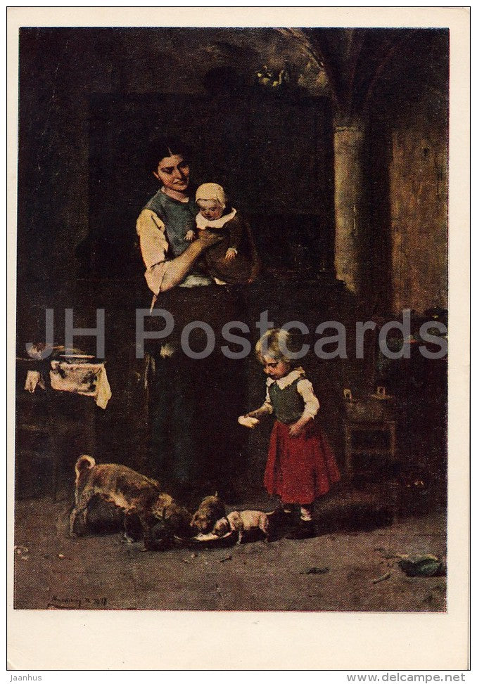 painting by Mihaly Munkacsy - Two Families - woman with child - dogs - French art - 1956 - Russia USSR - unused - JH Postcards