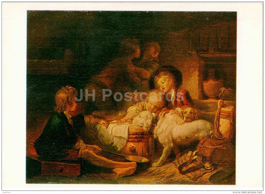 painting by Jean Honore Fragonard - The Farmer´s Children - dog - french art - Russia USSR - unused - JH Postcards