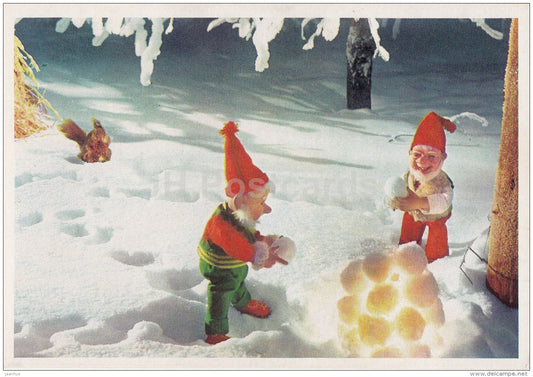 New Year and Christmas Greeting Card - Gnomes - squirrel - snowballs - Sweden - unused - JH Postcards