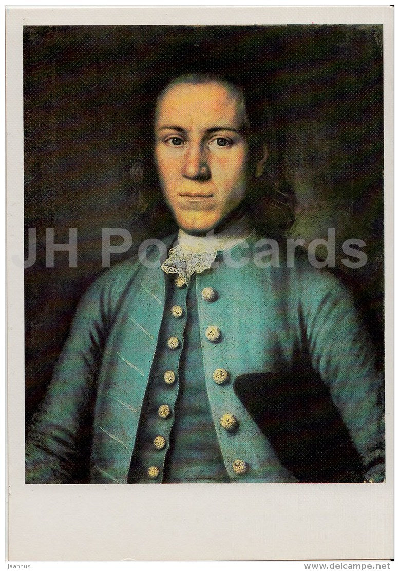 painting by M. Kolokolnikov - Portrait of a young man in a blue coat - Russian Art - 1988 - Russia USSR - unused - JH Postcards