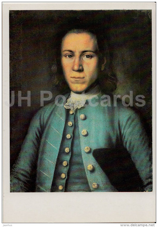 painting by M. Kolokolnikov - Portrait of a young man in a blue coat - Russian Art - 1988 - Russia USSR - unused - JH Postcards