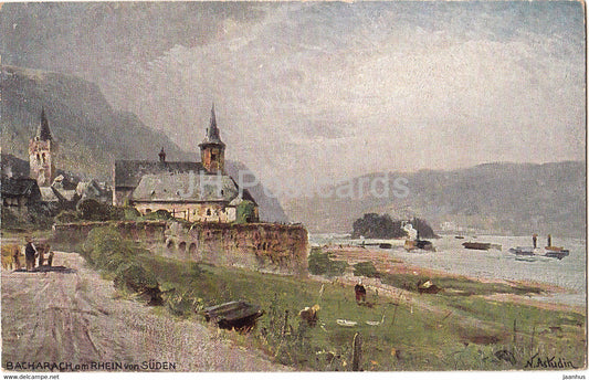 Bacharach am Rhein von Suden - illustration by N. Astudin - 141 - old postcard - Germany - unused - JH Postcards