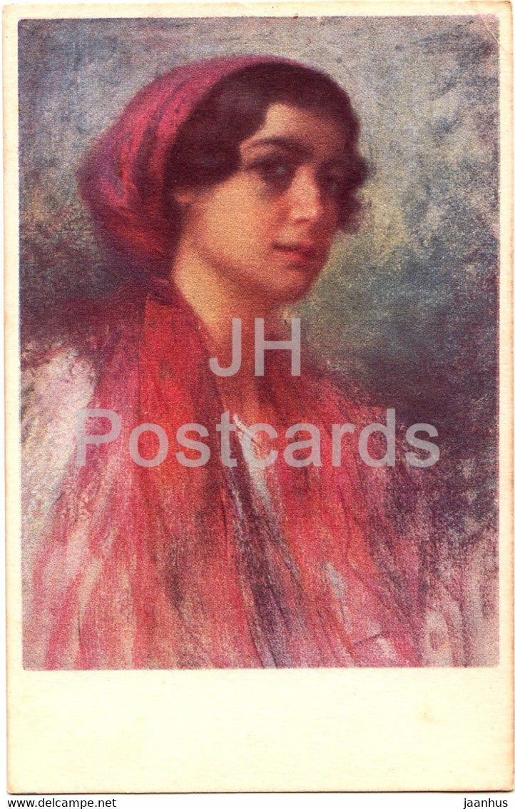 woman in red - illustration - 425-4 - old postcard - 1920 - Italy - used - JH Postcards