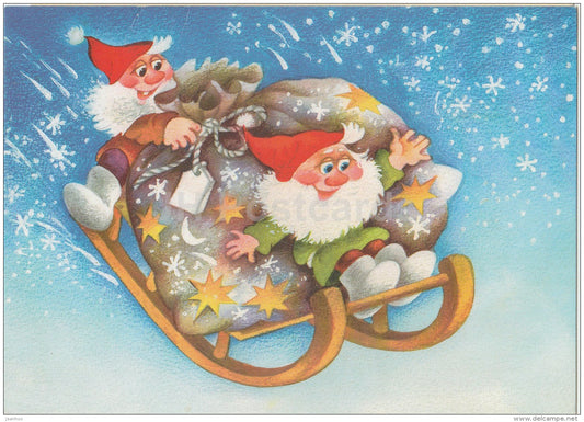 New Year Greeting Card by Ü. Meister - dwarf - gnome - sledge - Estonia - used in 1996 - JH Postcards