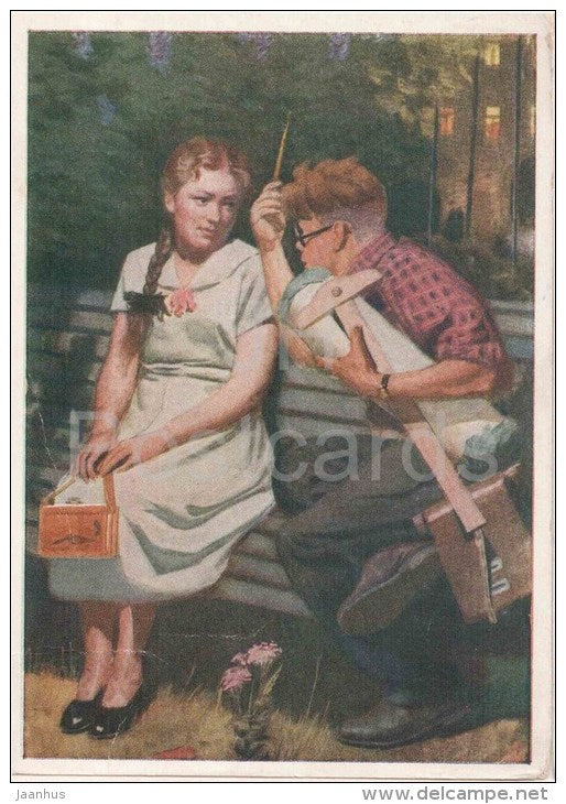 painting by A. Kitayev - Date - boy and girl - winter - russian art  - unused - JH Postcards