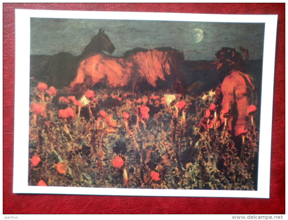 painting by Mikhail Vrubel , By the Night , 1900 - horses - russian art - unused - JH Postcards