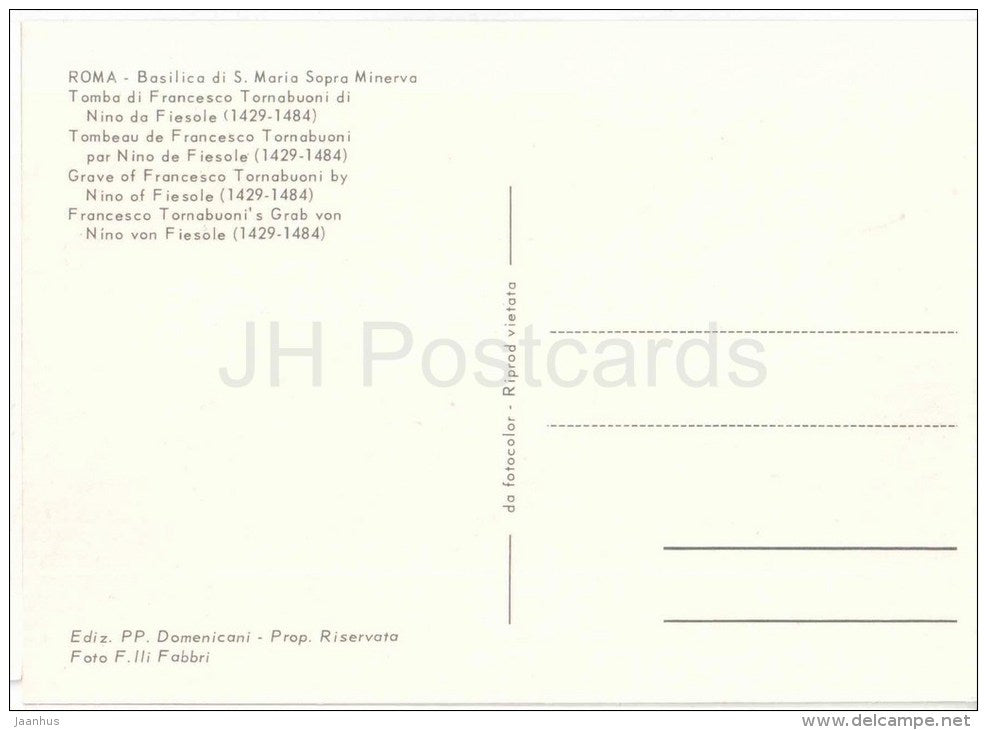 Basilica di S. Maria Sopra Minerva , Tomba di Francesco Tornabuoni - Roma - Rome - Italia - Italy - unused - JH Postcards