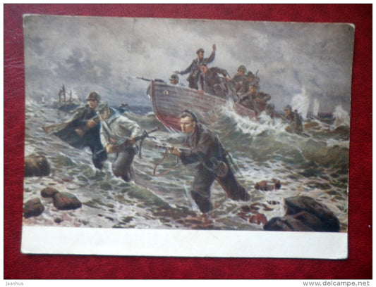 painting by V.G. Puzyrkov - Military-sailors of the Black Sea - war - boat - machine guns - soviet art - unused - JH Postcards