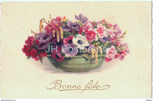 Birthday Greeting Card - Bonne Fete - flowers in a vase - illustration - old postcard - France - used - JH Postcards