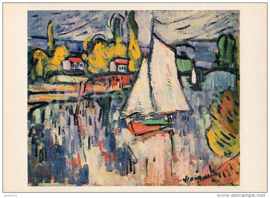 painting by Maurice de Vlaminck - View of the Seine , 1634 - sailing boat - French art - 1980 - Russia USSR - unused - JH Postcards