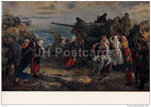painting by Evald Okas - Liberation of Soviet Estonia - tank - Estonian art - Russia - 1957 - Russia USSR - unused - JH Postcards