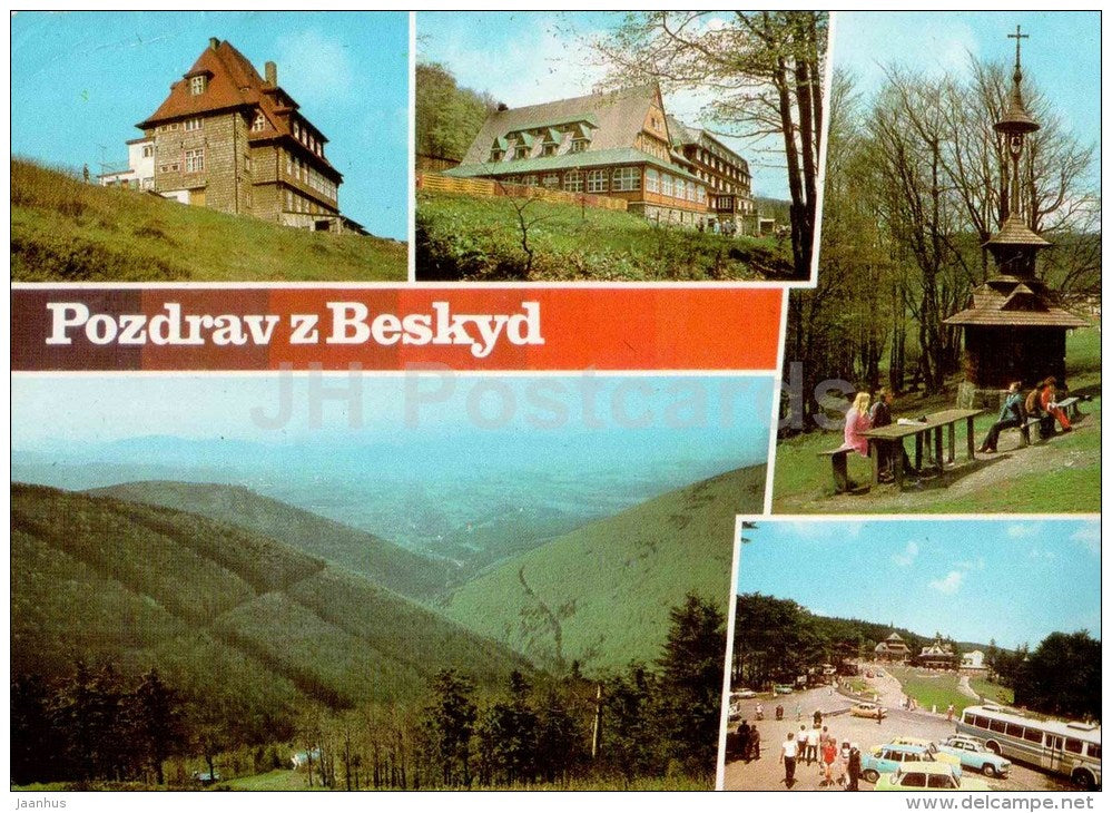 hotel Radegast - hotel Tanecnica - bell tower Pustevny  Beskyds - Beskids - bus - Czechoslovakia - Czech - used 1978 - JH Postcards