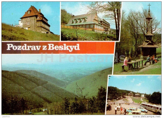hotel Radegast - hotel Tanecnica - bell tower Pustevny  Beskyds - Beskids - bus - Czechoslovakia - Czech - used 1978 - JH Postcards