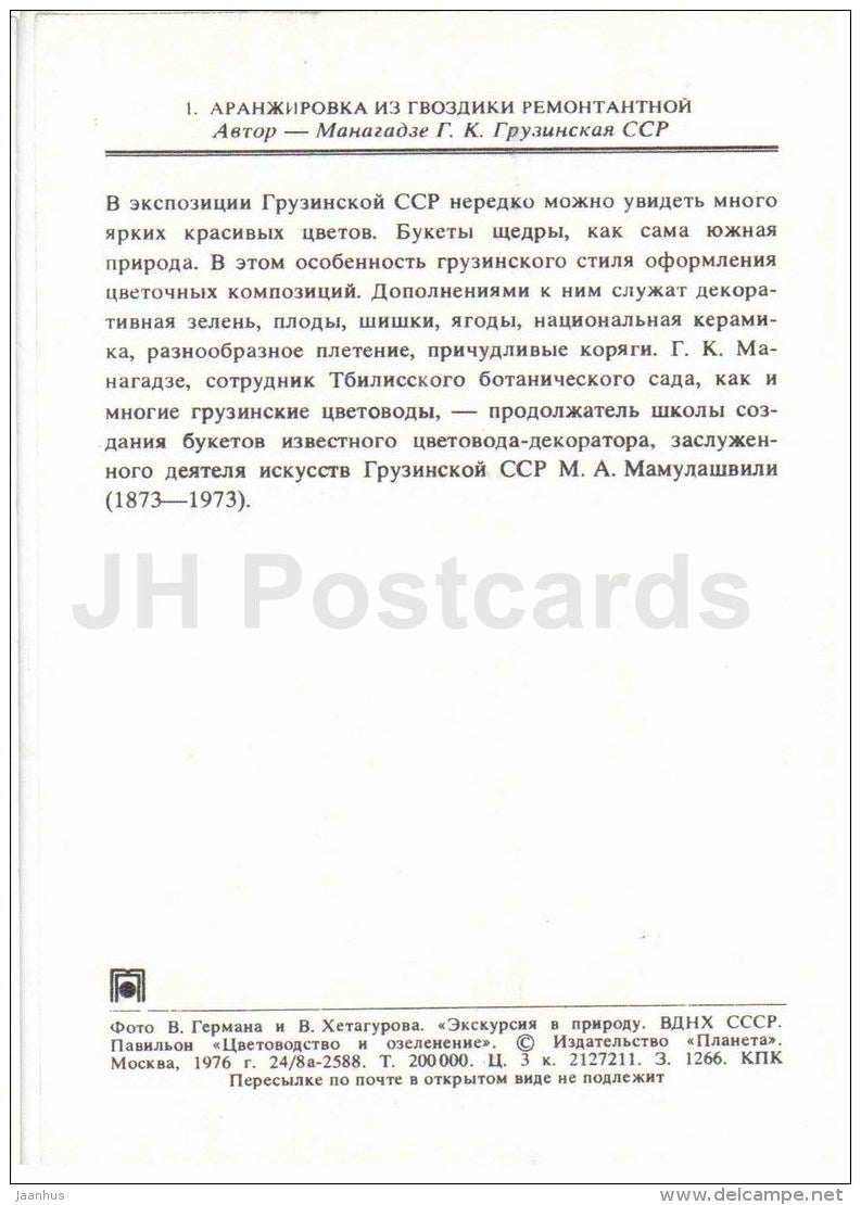 carnations composition - flowers - floriculture and gardening pavilion - 1976 - Russia USSR - unused - JH Postcards