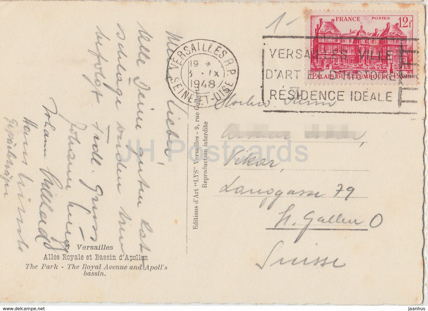 Versailles - Allée Royale et Bassin d'Appolon - Le Parc - Avenue Royale - carte postale ancienne - 1948 - France - occasion