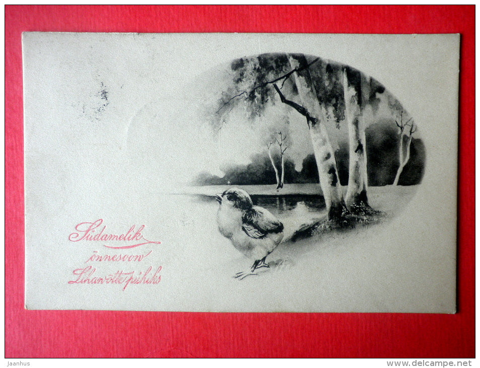 easter greeting card - bird - pond - birch trees - HWB SER 105 - circulated in Imperial Russia Estonia Pernau 1911 - JH Postcards