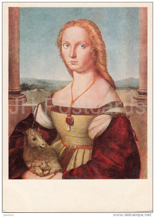painting by Raphael - Portrait of a young woman with a unicorn , 1505-06 - Italian art - Russia USSR - 1973 - unused - JH Postcards