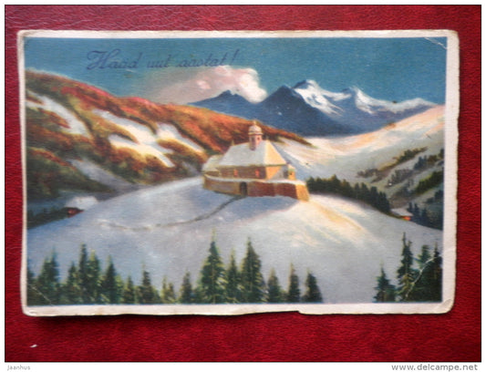 New Year Greeting Card - mountains - church - winter - 9421 - 1920s-1930s - Estonia - used - JH Postcards