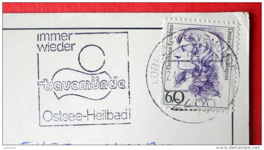 Ostseeheilbad - spa - sailing ship - church - Travemünde - Germany - sent from Germany Travemünde to Estonia USSR 1989 - JH Postcards