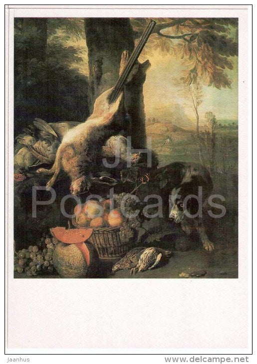 painting by Francois Deportes - Still Life with Fruit and killed Hare - hunting dog - birds - french art - unused - JH Postcards