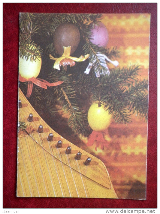 New Year Greeting card - Estonian zither - decorations - 1985 - Estonia USSR - used - JH Postcards