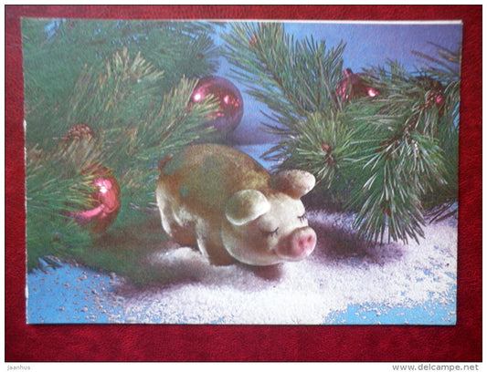New Year Greeting card - pig - decorations - 1984 - Estonia USSR - unused - JH Postcards