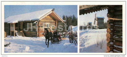 cottage - horse sledge - windmills  Arkhangelsk museum of local lore - wooden architecture - 1986 - Russia USSR - unused - JH Postcards