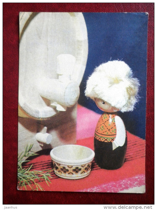 New Year Greeting card - boy in Estonian folk costume - doll - cup - 1977 - Estonia USSR - unused - JH Postcards