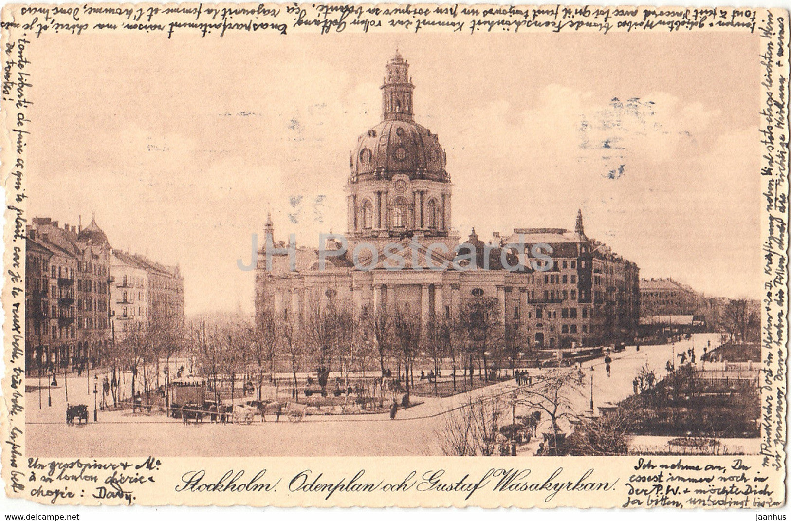 Stockholm - Odenplan och Gustaf Wasakyrkan - church - old postcard - 1919 - Sweden - used - JH Postcards