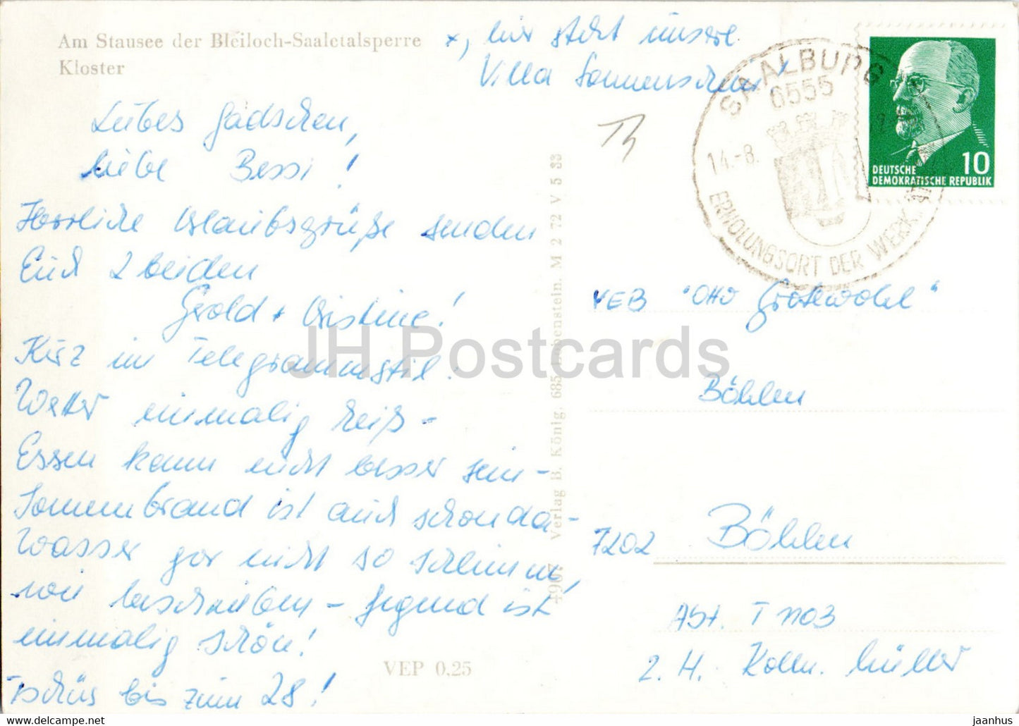 Am Stausee der Bleiloch Saaletalsperre - Kloster - carte postale ancienne - Allemagne DDR - utilisé