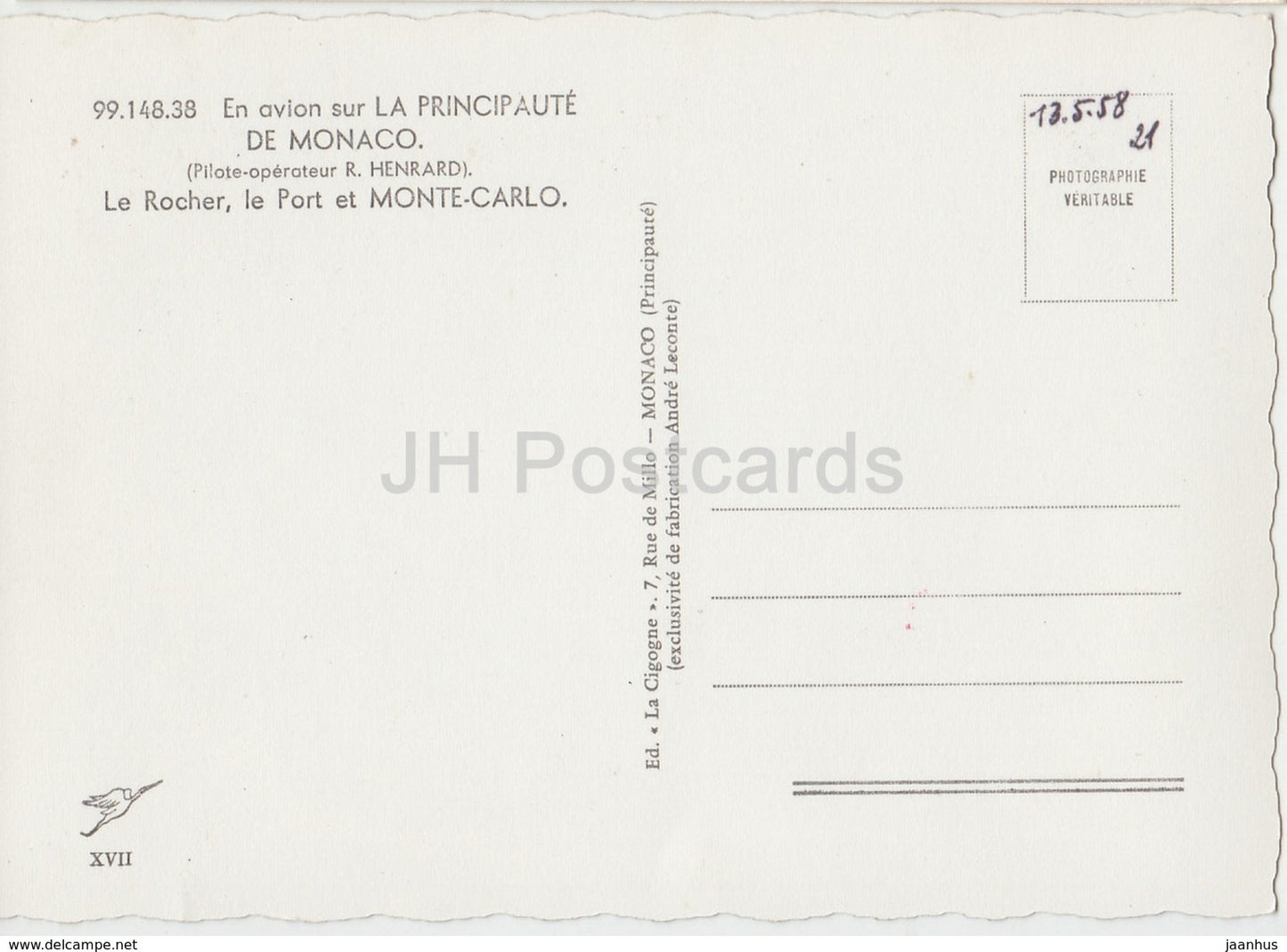 en avion sur Monte-Carlo - Le Rocher - Le Port -1958 - Monaco - used