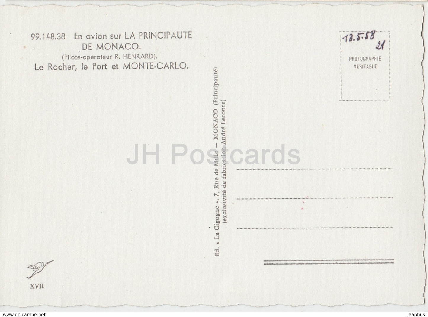 en avion sur Monte-Carlo - Le Rocher - Le Port -1958 - Monaco - occasion