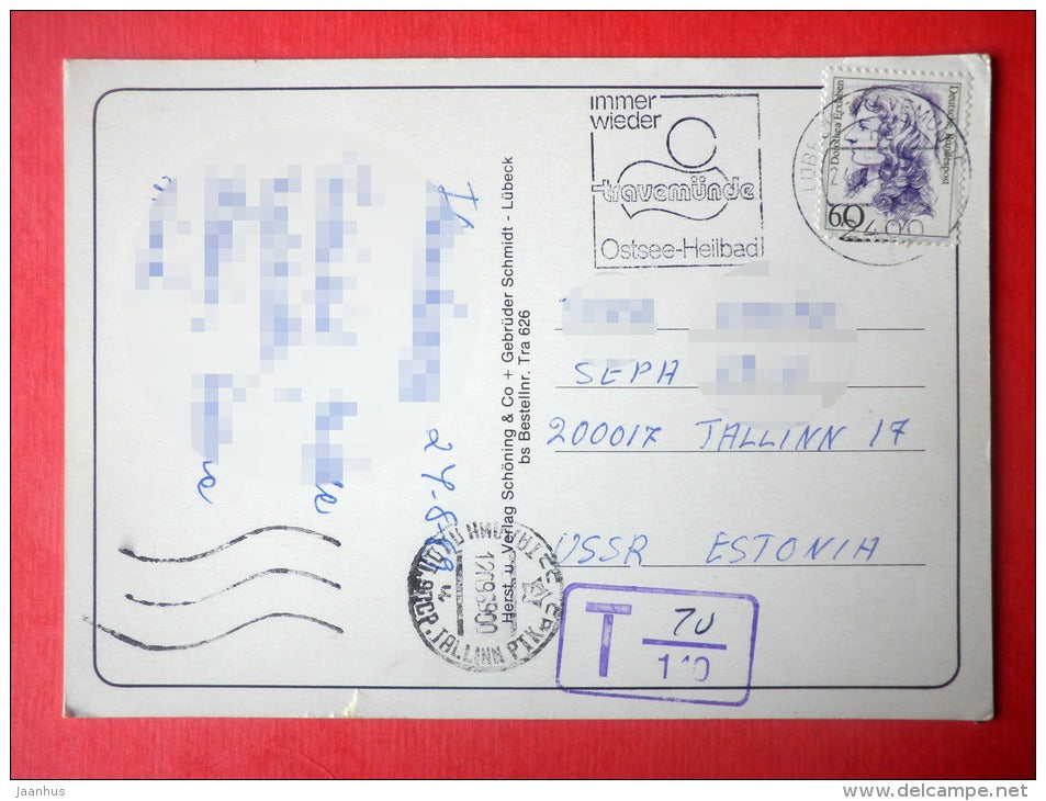 Ostseeheilbad - spa - sailing ship - church - Travemünde - Germany - sent from Germany Travemünde to Estonia USSR 1989 - JH Postcards