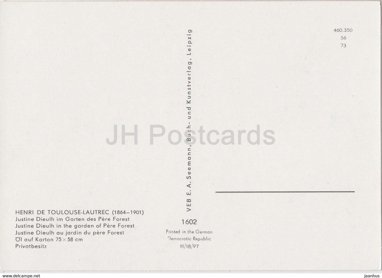 painting by Henri de Touluse Lautrec - Justine Dieulh im Garten des Pere Forest - French art - Germany DDR - unused