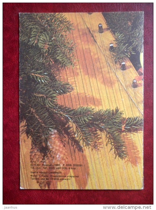 New Year Greeting card - Estonian zither - decorations - 1985 - Estonia USSR - used - JH Postcards