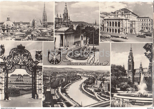 Wien - Vienna - Gruss aus Wien - Stefansdom - Parliament - Oper - Rathaus - Belvedere - 1961 - Austria - used - JH Postcards