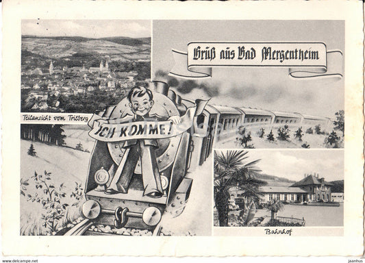 Gruss aus Bad Mergentheim - Teilansicht vom Trilberg - Bahnhof - train - railway station - 1956 - Germany - used - JH Postcards